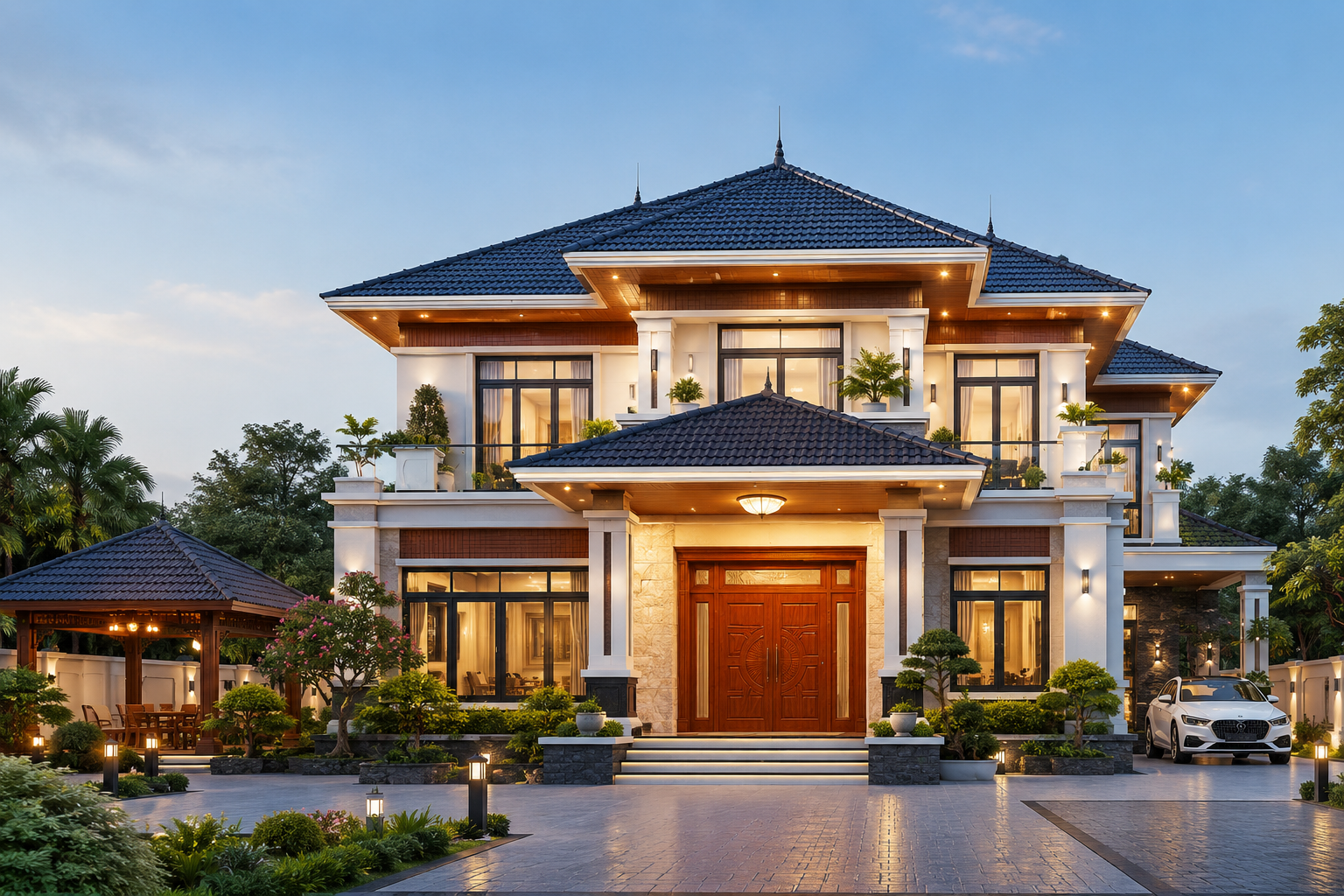 Mẫu biệt thự mái nhật hiện đại 2 tầng có gara, bàn tiệc ngoài trời, sân vườn rộng.