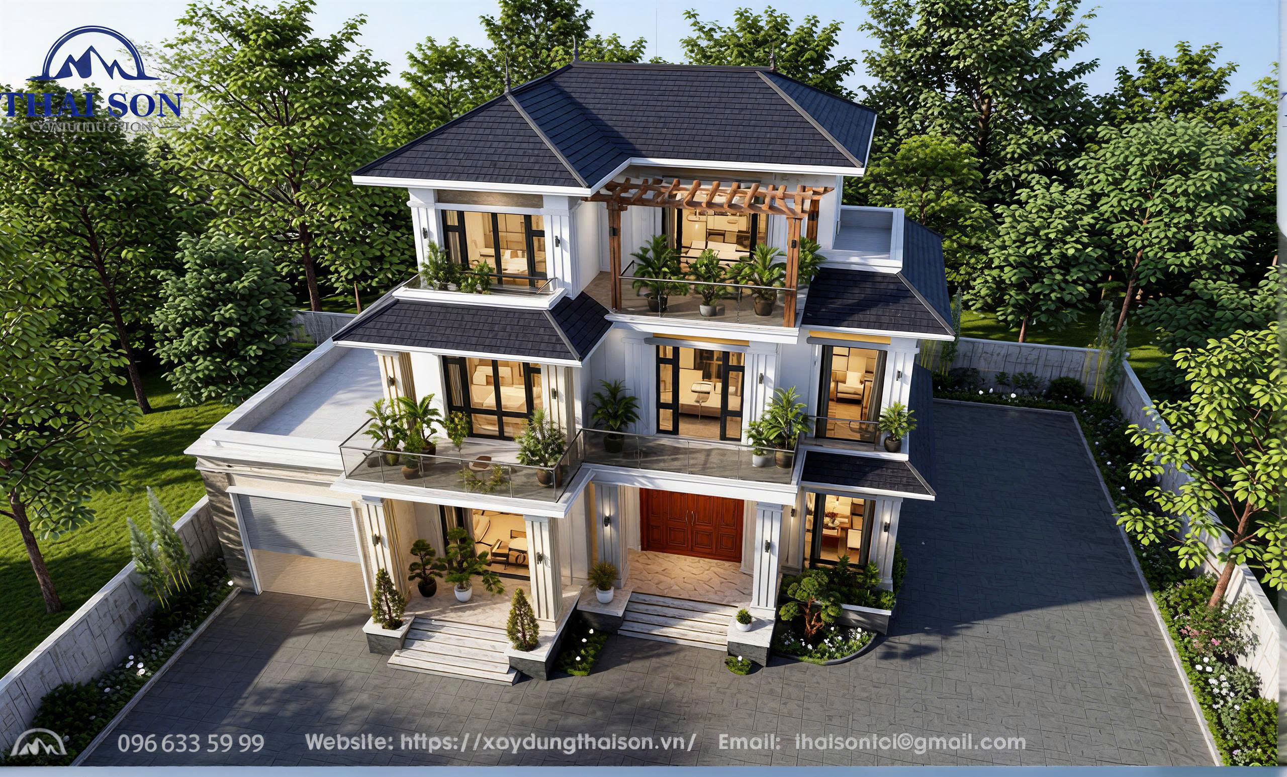 Phối cảnh nhìn từ trên cao của biệt thự Ngọc Lan - Góc view toàn cảnh từ mái xuống mặt tiền view rõ ban công các tầng, các phòng