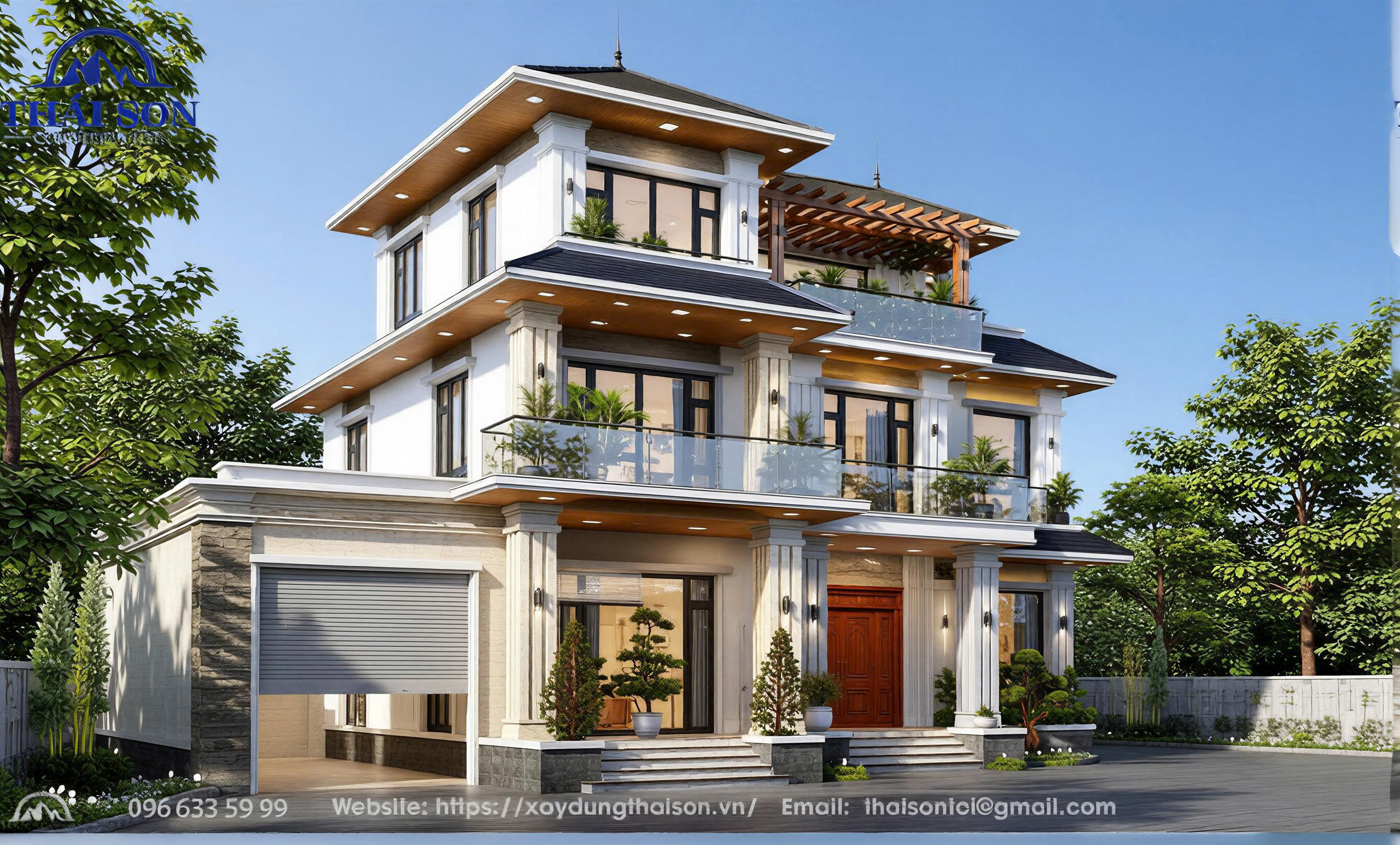 Phối cảnh biệt thự 3 tầng Ngọc Lan - góc nhìn bên trái của biệt thự, view rõ gara oto
