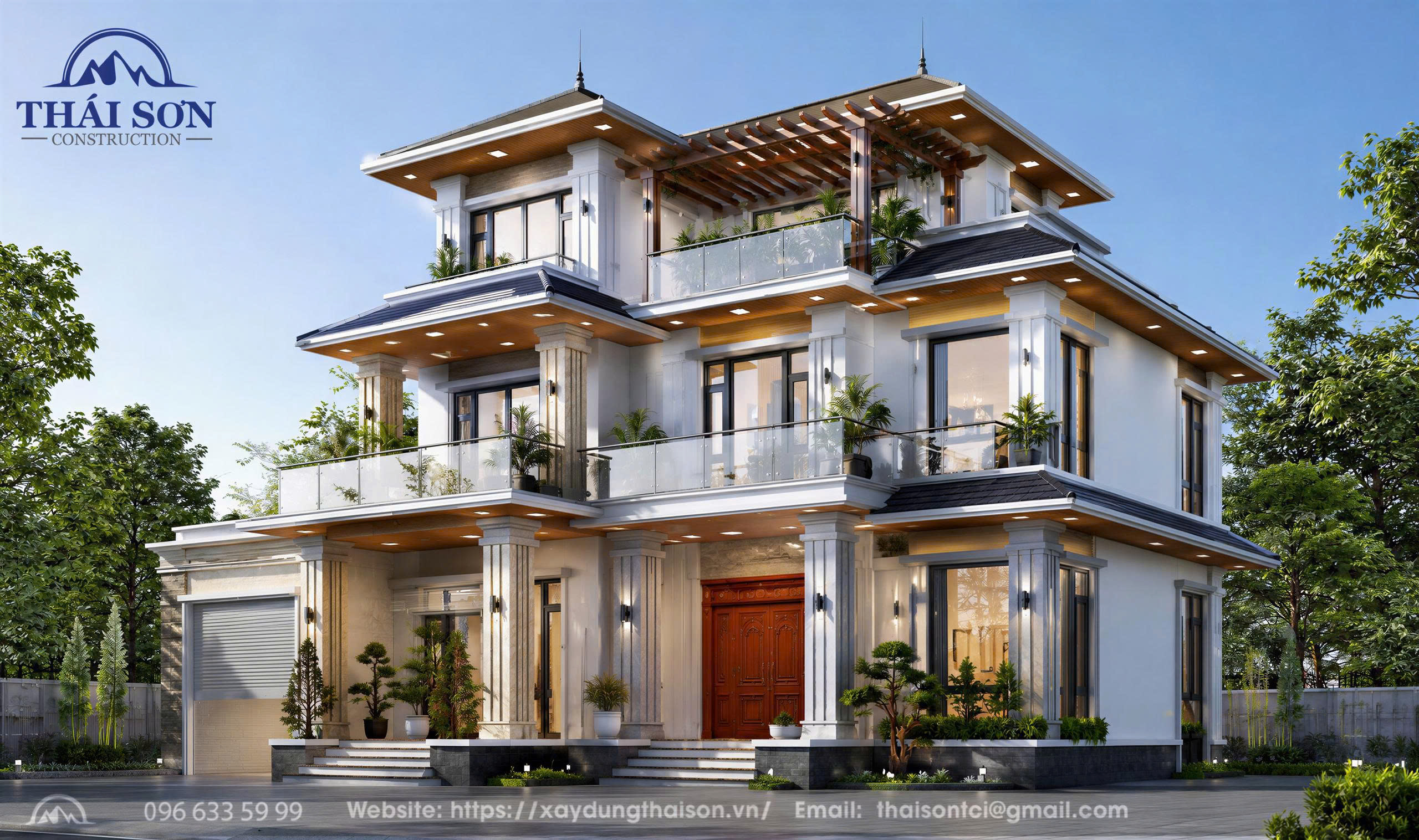Phối cảnh biệt thự 3 tầng Ngọc Lan - góc nhìn bên phải của biệt thự.