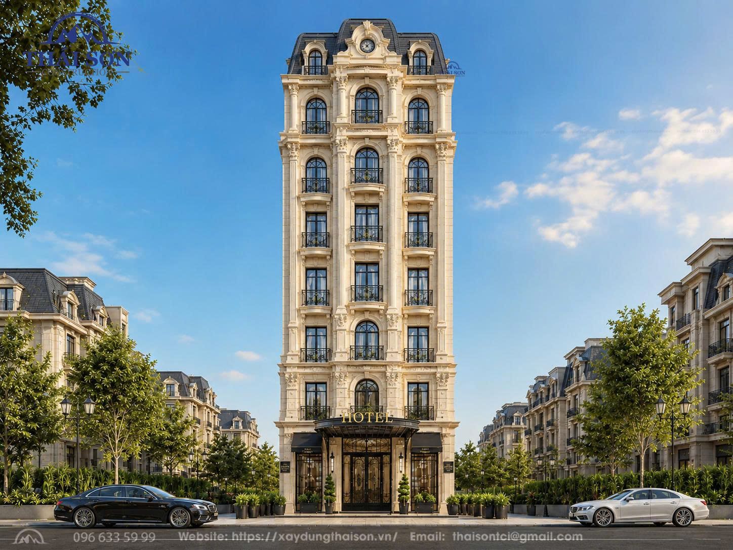 ROYAL ELYSEE HOTEL - Khách Sạn Tân Cổ Điển 8 Tầng Đẳng Cấp Châu Âu - Phối cảnh chính diện mặt tiền